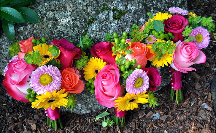 pink, yellow, and orange petaled flowers, roses, gerberas, asters, flowers, bouquets, three, drawing, stone, HD wallpaper