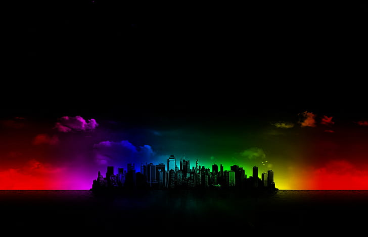 Cityscape, hitam, warna-warni, seni digital, langit, gelap, Wallpaper HD