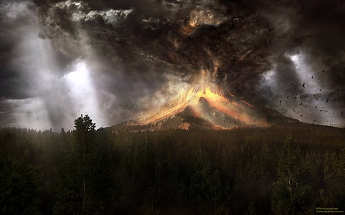 lava, hutan, burung, pohon, sinar matahari, letusan, awan, gunung berapi, pembakaran, seni digital, alam, karya seni, Wallpaper HD HD wallpaper