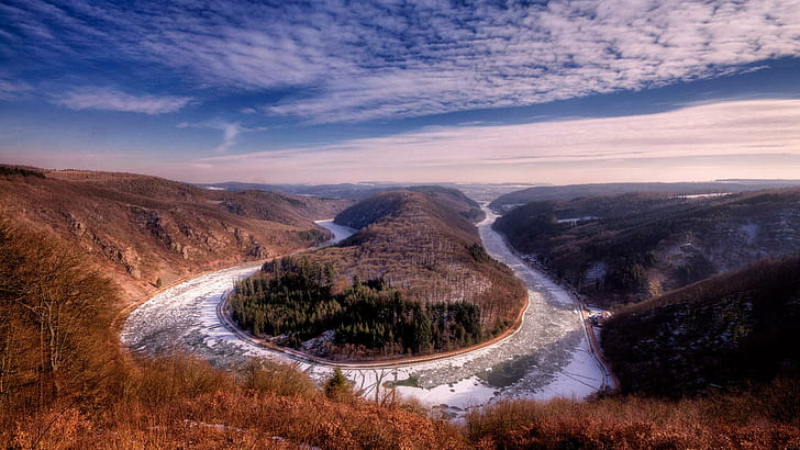 The River Saar In France, gorge, frozen, horseshoe, river, clouds, nature and landscapes, HD wallpaper
