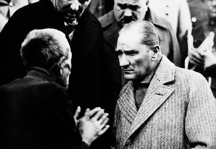 men's gray herringbone coat, Mustafa Kemal Atatürk, monochrome, HD wallpaper