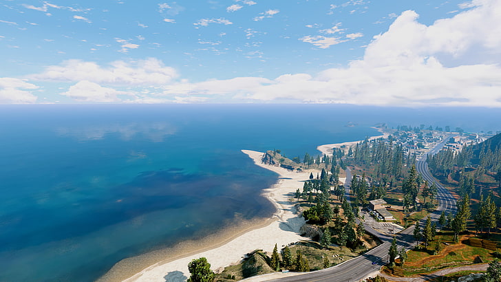 pohon dan laut, Grand Theft Auto V, Redux, horizon, video game, Wallpaper HD