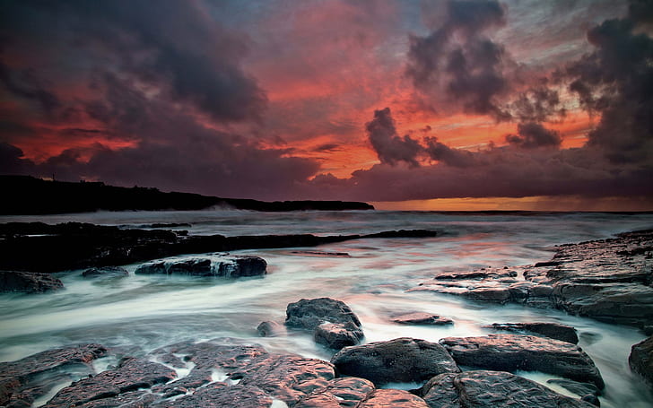 Ireland, west coast, the Atlantic Ocean, beach, stones, dusk, gray stone structure, Ireland, West, Coast, Atlantic, Ocean, Beach, Stones, Dusk, HD wallpaper