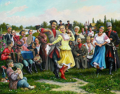 man and woman dancing illustration, holiday, art, Cossacks, Andrey Lyakh, HD wallpaper HD wallpaper
