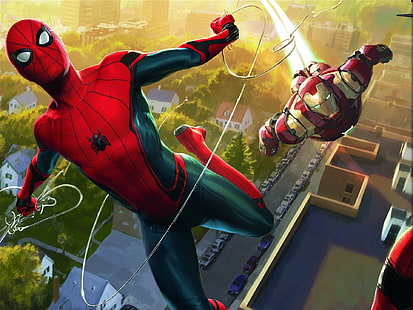 Marvel Spider-Man and Iron Man 디지털 벽지, Spider-Man, Spider-Man : Homecoming, Iron Man, Peter Parker, Robert Downey Jr., Tom Holland, Tony Stark, HD 배경 화면 HD wallpaper