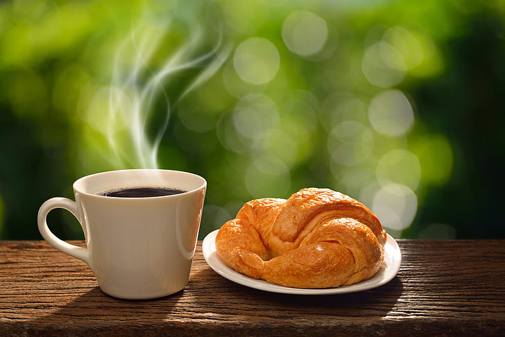кофе, завтрак, утро, чашка, горячая, кофейная чашка, доброе утро, круассан, HD обои