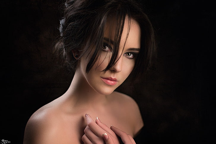 woman's face, women, model, brunette, green eyes, bare shoulders, portrait, Georgy Chernyadyev, HD wallpaper