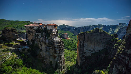 montaña rocosa, paisaje, Meteora, Grecia, monasterio, acantilado, montañas, Fondo de pantalla HD HD wallpaper