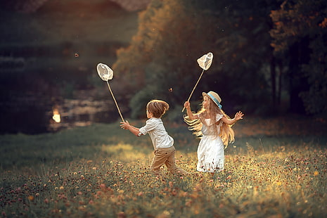 field, summer, look, light, trees, butterfly, flowers, nature, children, childhood, pose, mood, shore, glade, the game, boy, village, meadow, blonde, the net, girl, hat, Russia, white dress, lawn, pond, kids, carelessness, province, fishing, long-haired, out of the city, sports, HD wallpaper HD wallpaper