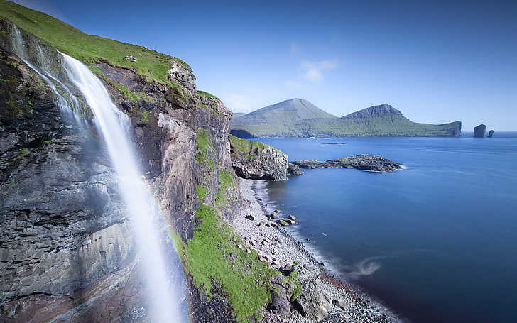 waterfall, beach, mountains, Faroe Islands, coast, nature, HD wallpaper