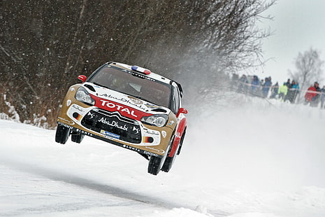 Inverno, Neve, Citroen, DS3, WRC, Rally, Sebastien Loeb, The front, In The Air, Flies, Daniel Elena, Sfondo HD HD wallpaper
