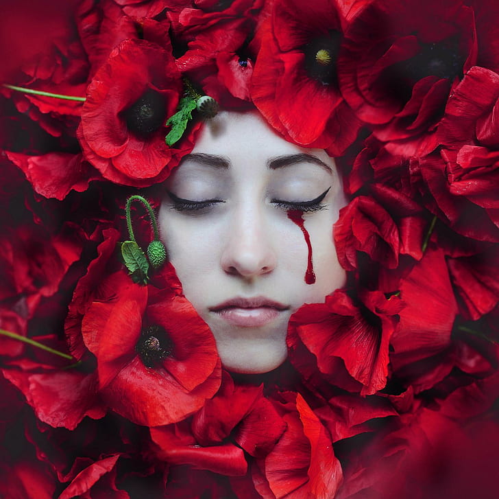 Bleeding Rose, kwiaty, fotografia, twarz, łzy, krew, Tapety HD