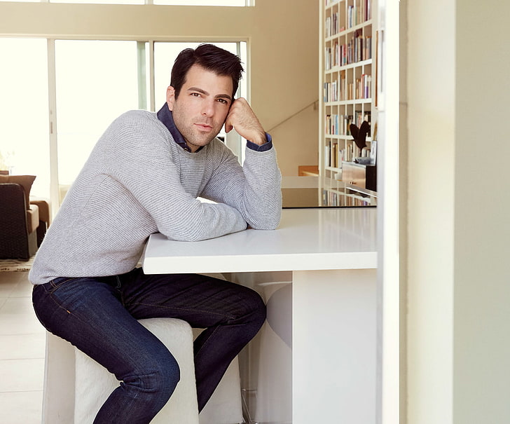 men's gray sweater, zachary quinto, actor, style, HD wallpaper