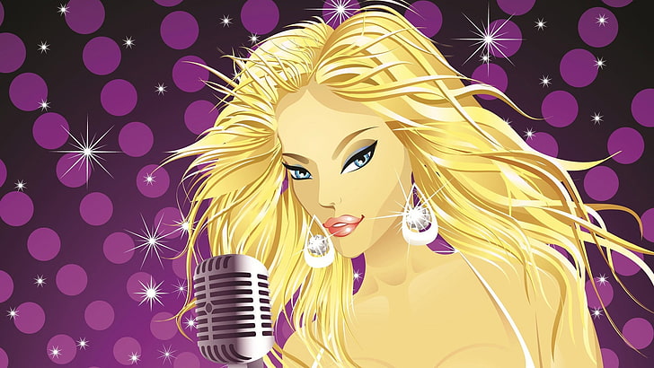 women, blonde, microphone, singer, vector graphics, HD wallpaper