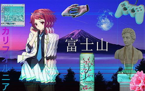 steamwave, anime girls, anime, redhead, controller, krawatte, HD-Hintergrundbild HD wallpaper