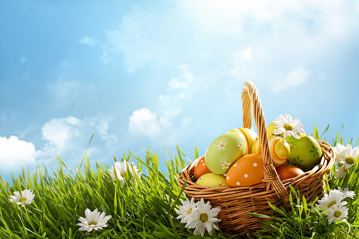 Holiday, Easter, Basket, Easter Egg, Flower, Grass, HD wallpaper