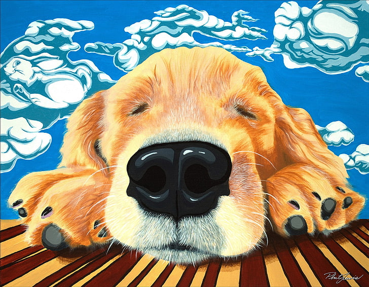Sleeping dog, art, sleep, merlin, paw, caine, phil lewis, cute, painting, pictura, dog, puppy, blue, HD wallpaper