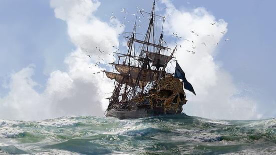 саке, игра, золото, небо, море, пират, облако, пиратский корабль, корабль, чайка, кумо, кайдзоку, череп и кости, HD обои HD wallpaper