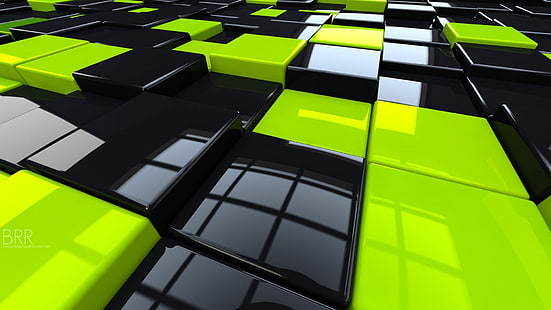 ilustrasi plastik kubus hitam dan hijau, kubus, kaca, gloss, permukaan, Wallpaper HD HD wallpaper