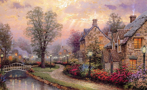 Lukisan Desa oleh Thomas Kinkade, rumah di dekat badan lukisan air, Artistik, Gambar, Wallpaper HD HD wallpaper