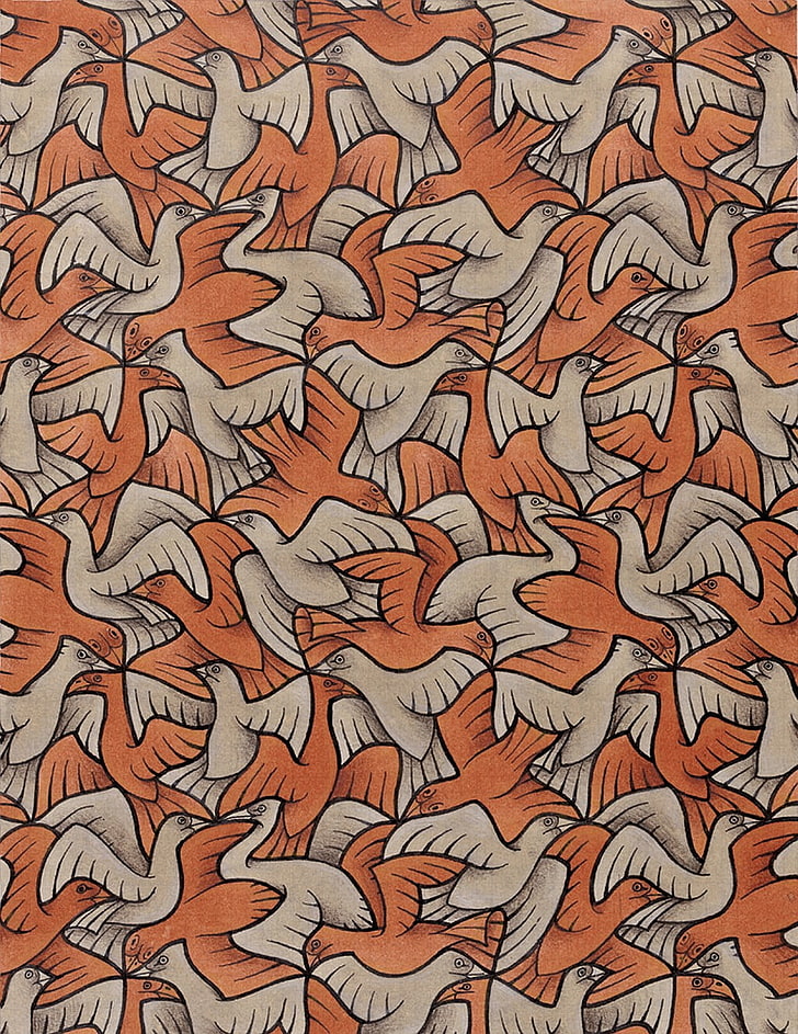 lukisan burung oranye dan coklat, gambar, karya seni, M. C. Escher, ilusi optik, simetri, sketsa, hewan, burung, merah, terbang, sayap, Wallpaper HD, wallpaper seluler