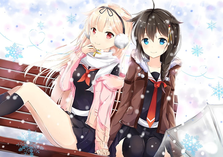 two female anime characters digital wallpaper, Kantai Collection, Shigure (KanColle), Yuudachi (KanColle), ribbon, umbrella, snow, snow flakes, anime girls, anime, thigh-highs, HD wallpaper
