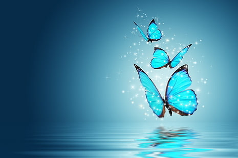 tres mariposas, mariposas, fondo, azul, magia, papel tapiz, estado de ánimo, pantalla panorámica, pantalla completa, fondos de pantalla HD, Fondo de pantalla HD HD wallpaper