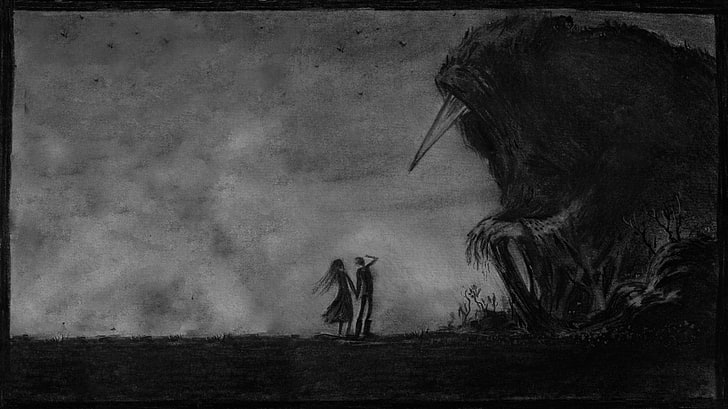 woman and man holding hands in front of monster illustration, dark, charcoal, birds, humanized, humanoid, Les Discrets, HD wallpaper