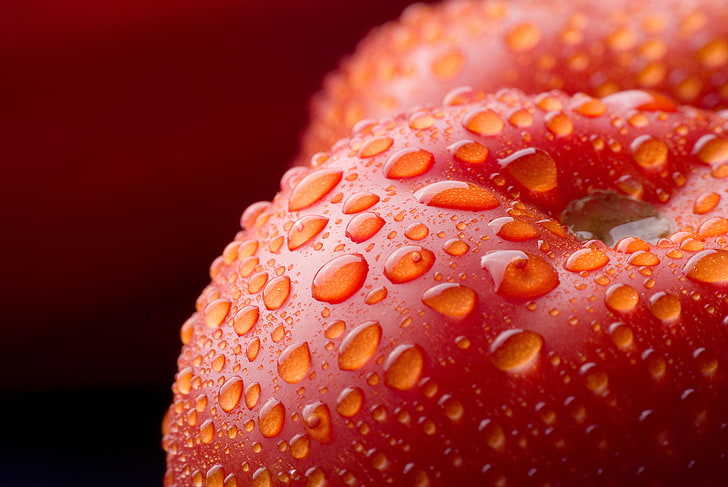 แอปเปิ้ลสีแดงหยดน้ำอาหารแมโครมะเขือเทศผักระยะใกล้, วอลล์เปเปอร์ HD
