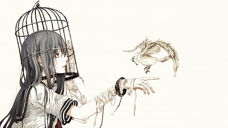 Anime Girls, Bandage, Birdcage, birds, Cages, Original Characters, School Uniform, HD wallpaper