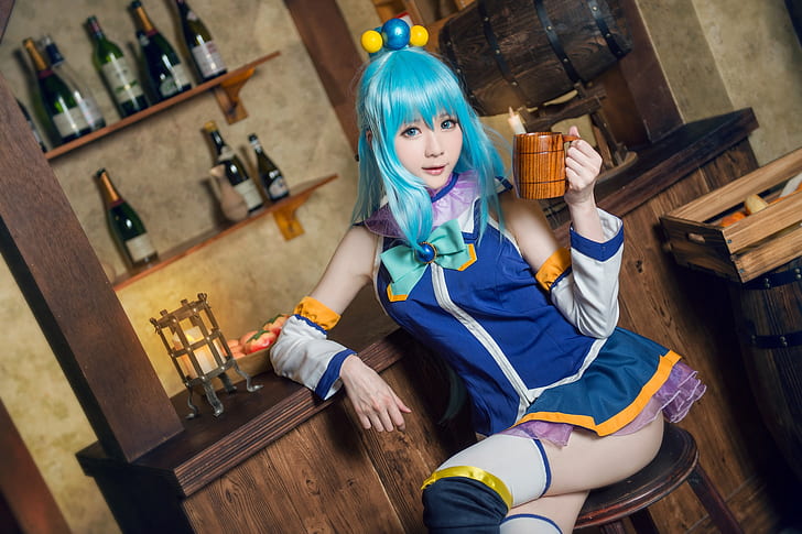 look, girl, balls, face, pose, smile, style, background, wall, hands, makeup, hairstyle, costume, bending, mug, outfit, cafe, lamp, image, bottle, Asian, box, hip, barrel, drinks, sitting, shoulders, bow, cutie, blue hair, the room, stool, character, cosplay, shelves, bangs, bar, blue dress, long-haired, leaning, institution, HD wallpaper