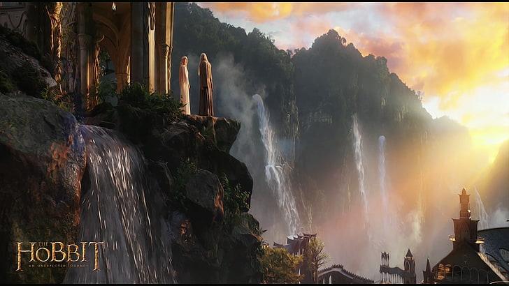 O Hobbit papel de parede digital, floresta, pôr do sol, aberto, elfo, cachoeira, Rivendell, o mago, castelo élfico, cachoeiras, Gandalf, O Hobbit, mago, De Galadriel, Lá e volta, Uma viagem inesperada, Galadriel, Senhora, O inesperadoviagem, HD papel de parede