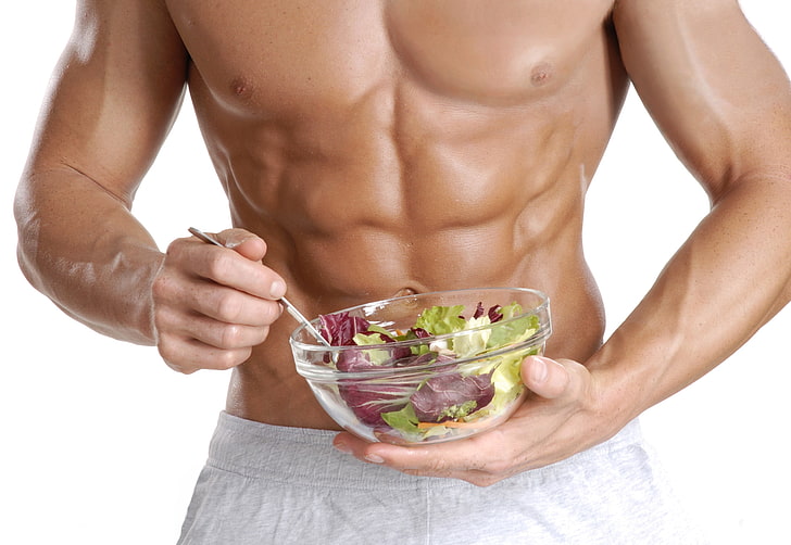 bowl of vegetable salad, men, salad, muscles, model, abs, white, white background, HD wallpaper