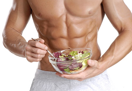 skål med grönsaksallad, män, sallad, muskler, modell, abs, vit, vit bakgrund, HD tapet HD wallpaper