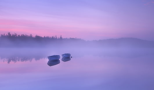 Skottland, Loch Rusky, 4K, dimma, morgon, roddbåtar, sjö, 8K, HD tapet HD wallpaper