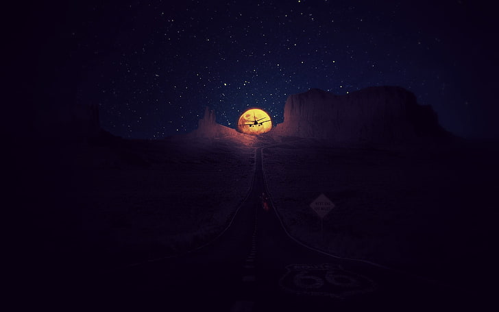 wallpaper bulan dan gunung, matahari terbenam, roadtrip, Rute 66, Wallpaper HD