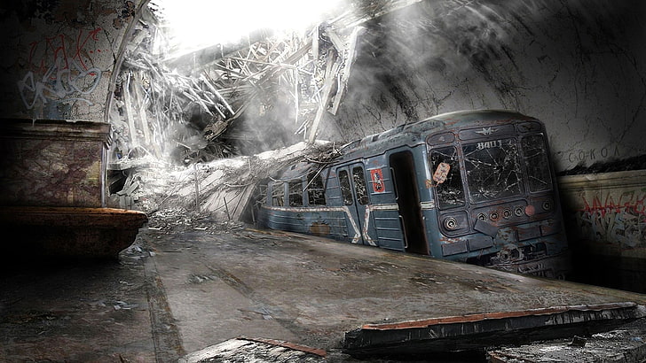 серо-белый поезд, апокалипсис, разрушение, заброшенный, HD обои