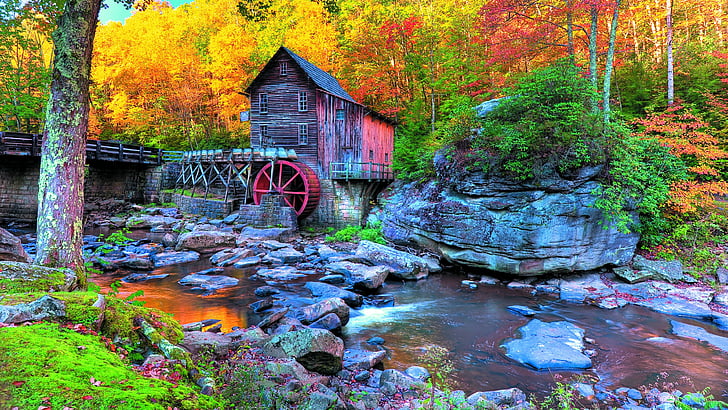 川、秋の森、秋の色、アメリカ、ウェストバージニア、水車小屋、グレイドクリーク、グレイドクリークグリストミル、オールドミル、バブコック州立公園、植物、自然、クリーク、秋、木、ミル、自然保護区、ストリーム、反射、州立公園、葉、水、 HDデスクトップの壁紙