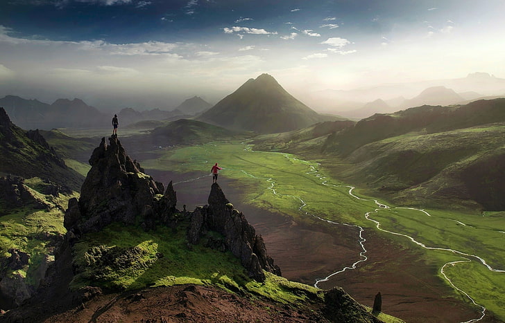 ilustracja lasu, Islandia, dolina, rzeka, góry, mgła, zieleń, natura, krajobraz, Tapety HD