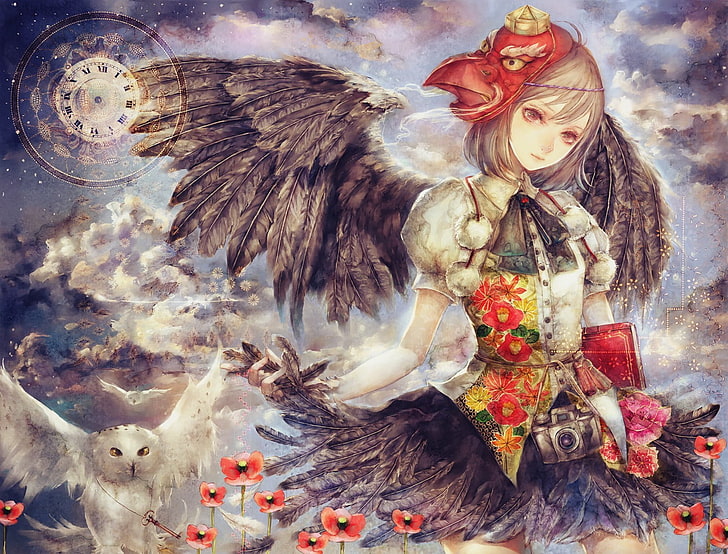 Mujer vestida con alas y con máscara al lado de la ilustración de búho blanco, anime, chicas anime, alas, Fondo de pantalla HD