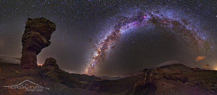campo de cañón de montaña, cielo, estrellas, desierto, paisaje, formación rocosa, noche, Vía Láctea, Islas Canarias, Fondo de pantalla HD