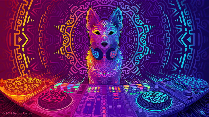 psychedelic, abstract, colorful, wolf, headphones, music player, sound mixers, technology, music, digital art, Ubuntu, HD wallpaper