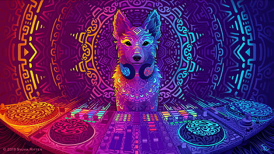 psychedelic, abstract, colorful, wolf, headphones, music player, sound mixers, technology, music, digital art, Ubuntu, HD wallpaper HD wallpaper