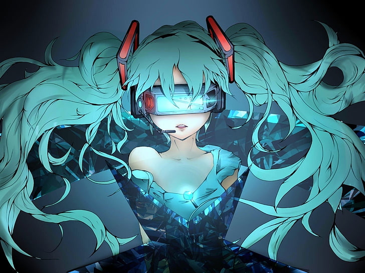 илюстрация на аниме момиче, Vocaloid, Hatsune Miku, слушалки, HD тапет
