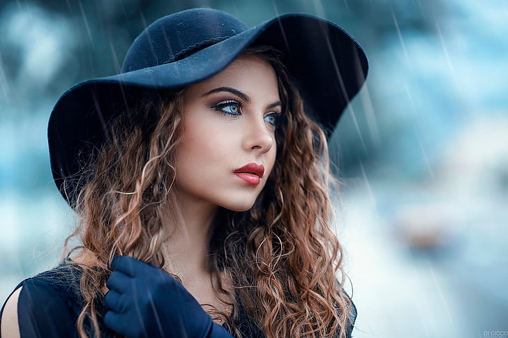 women, portrait, hat, brunette, curly hair, blue eyes, red lipstick, rain, black clothing, gloves, looking away, face, depth of field, Alessandro Di Cicco, millinery, HD wallpaper