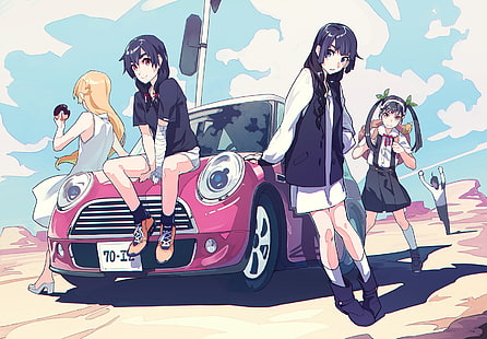 Serie Monogatari, chicas anime, Oshino Shinobu, Kanbaru Suruga, Senjougahara Hitagi, Hachikuji Mayoi, Fondo de pantalla HD HD wallpaper