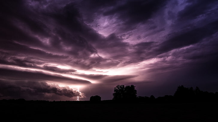 clouds, dark, trees, lightning, landscape, digital art, purple, sky, storm, nature, HD wallpaper