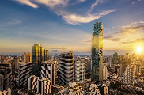 Города, Бангкок, Здание, Город, Городской пейзаж, Небоскреб, Восход, Таиланд, HD обои HD wallpaper
