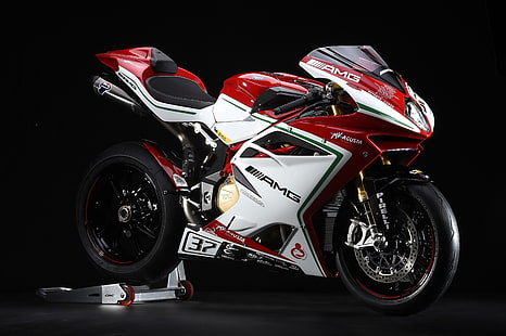 red and white AMG sports bike, MV Agusta F4 RC, superbike, AMG Line, motorcycle, exhaust pipes, black background, MV agusta, HD wallpaper HD wallpaper