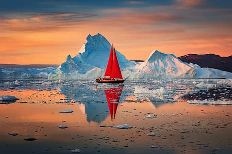  landscape, nature, reflection, the ocean, dawn, boat, sailboat, ice, sails, Greenland, HD wallpaper HD wallpaper